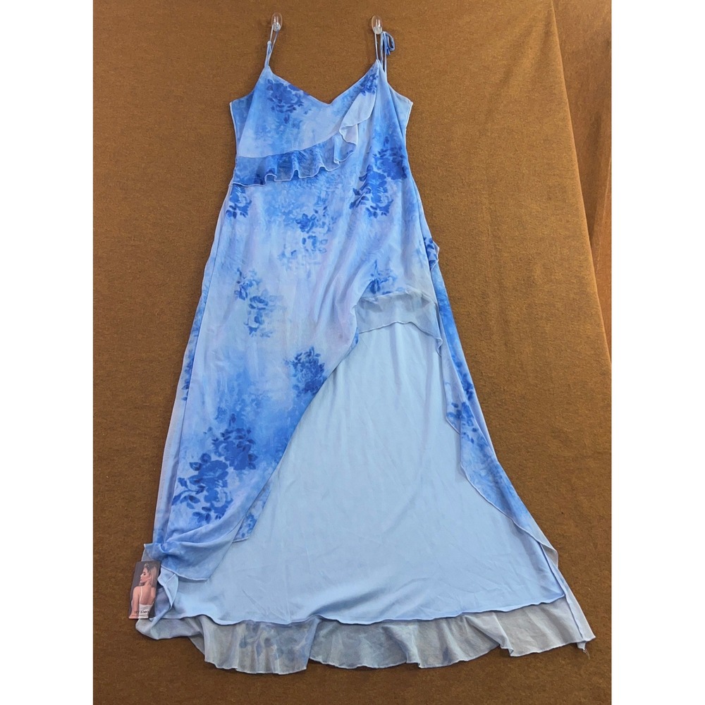 HTZMO Womens XL Blue Floral Ruffle Mesh Sleeveless Maxi Dress NWT